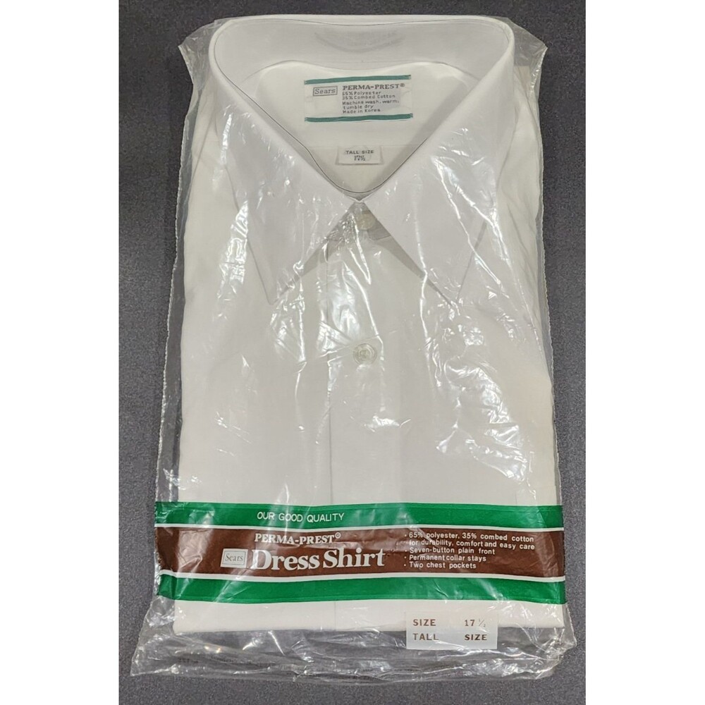 Vintage Sears Perma-Prest Dress Shirt Mens White Short Sleeve TALL  17 1/2  NOS
